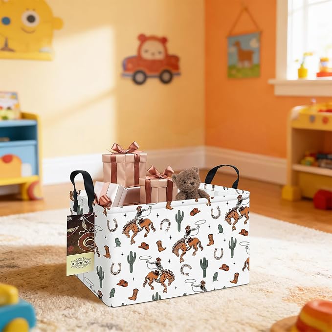 Rectangle Foldable Storage Basket Handles For Home, Cowboy | Waterproof canvas material, reinforced handles, perfect for shelf use, organizes clothes, daily items and pet supplies