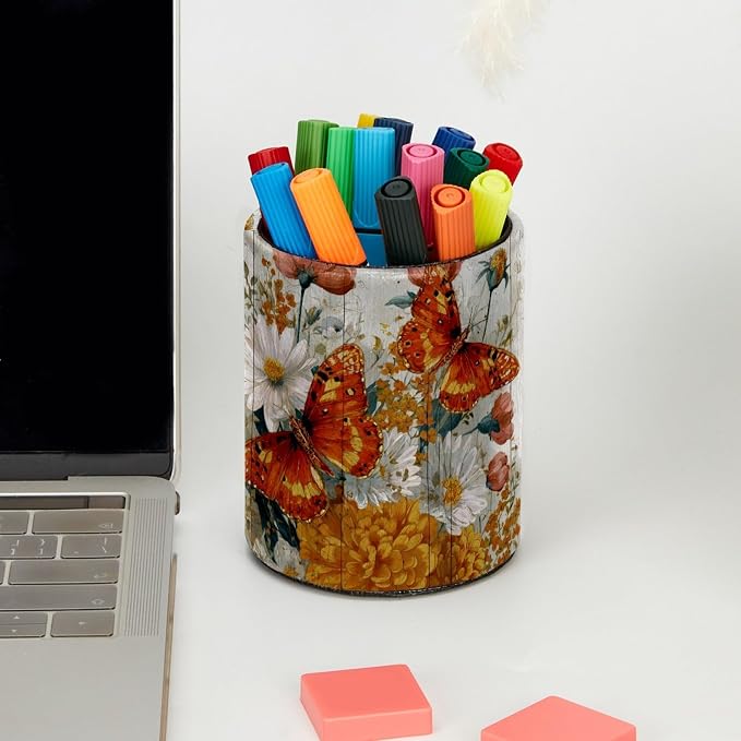 Butterflies on the Wooden Board Pen Holder, Pencil Cup Marker Brush Holder Desk Storage Case, Desktop Organizer for School Office Home Supplies