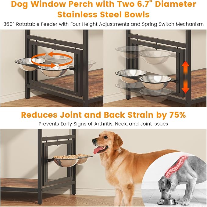 kepptory Dog Window Perch with 360° & Adjustable Raised Feeder, Pet Stairs Ramp with Stairs and Storage, Pet Bunk Bed with Small Pet Step