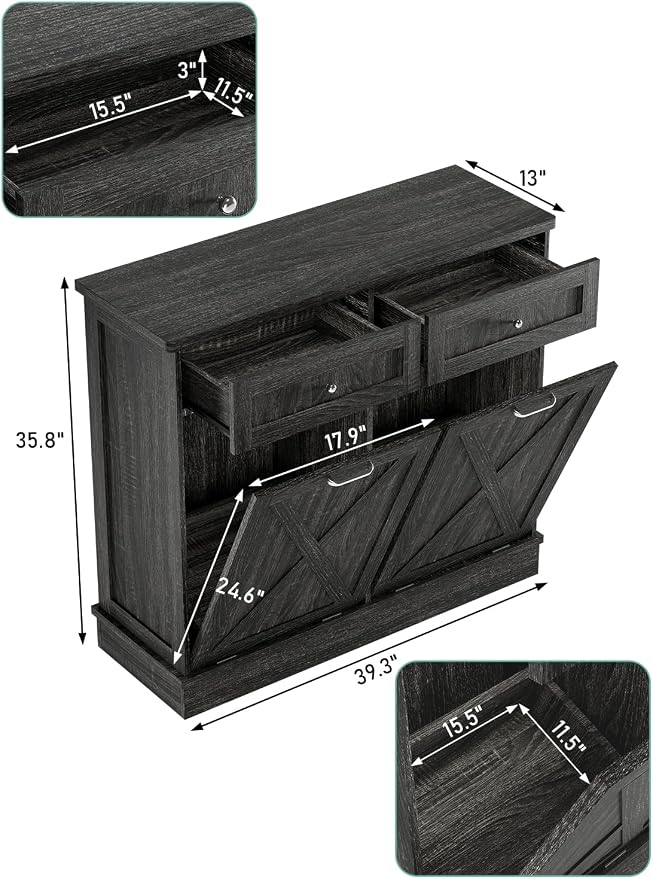 TOLEAD Double Tilt Out Trash Can Cabinet 2 x 10 Gallon Wooden Hidden Trash Cabinet with Barn Door & Solid Wood Top, Farmhouse Kitchen Garbage Bin Enclosure, Pet Proof Odor Blocking for Kitchen, Grey