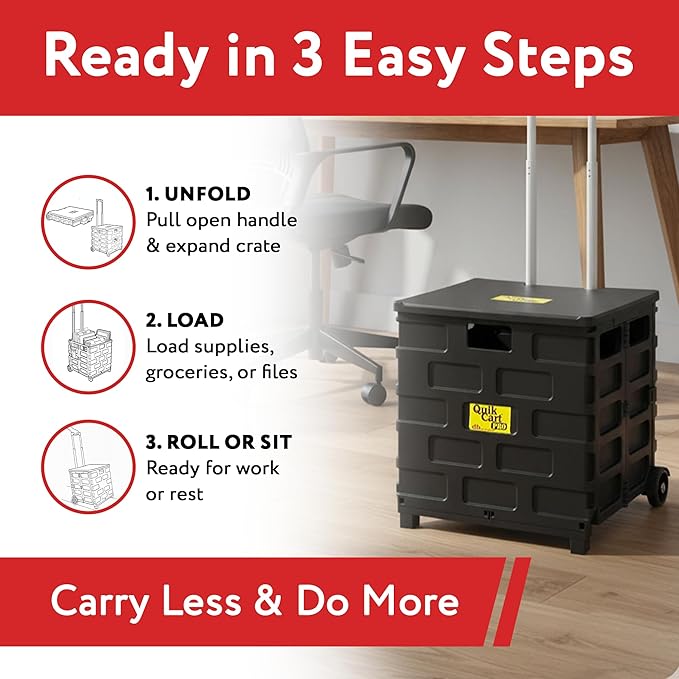 dbest Products Quik Cart Pro Collapsible Rolling Crate on Wheels - Black | Roll Up to 120 lbs Capacity, Heavy Duty Plastic Construction, Telescoping Handle, Folding Utility Cart