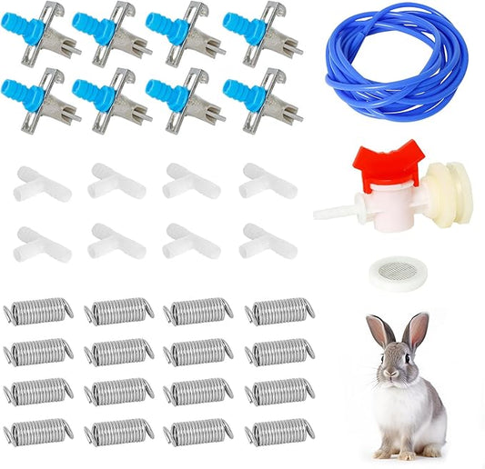 OCQOTAT Automatic Rabbit Watering System,Quail Rabbit Water Bottle Dispenser 8 Nipples Drinker,ID 5/16" Hose 19.68 Feets,Barb Fittings to G1/2" Thread,T-Fittings,Springs,Gaskets,Bucket Connector