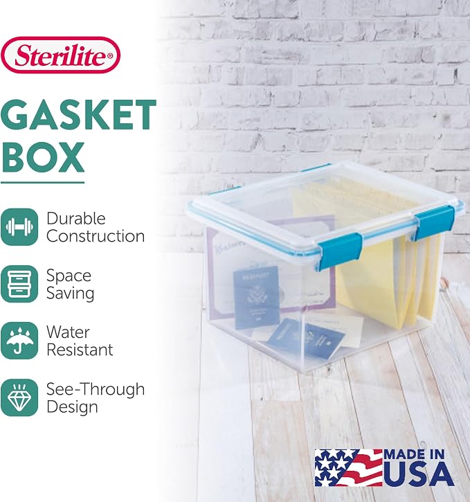 Sterilite Gasket Storage Box with Lids for Home & Office, 32 Quart, 12-Pack | Heavy-Duty, Stackable, and Organizing Containers for Bathroom, Cabinet, Closet, and Garage, Clear and Blue Aquarium Latches