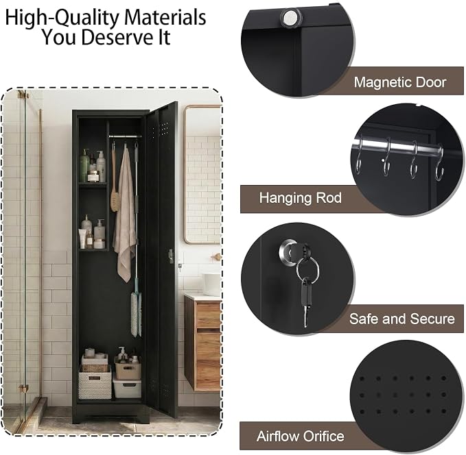 Slim Broom Closet Storage Cabinet, Black Metal Cabinets with Lock and & S-Hooks, Cleaning Supply Cabinet, 65x15.8x15.8 Utility Storage Cabinet for Garage, Office, Laundry Room