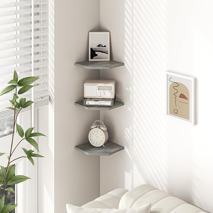 Fun Memories Corner Shelf Wall Mount, Floating Corner Shelves, Set of 3 Corner Wall Shelf Organizer, Rustic Wood Wall Storage Display Shelves for Living Room Bedroom Bathroom Kitchen, Rustic Grey