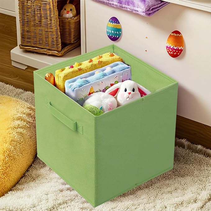 PowerKing Collapsible Storage Cubes, Farbic Storage Bins, Green, 6 Pack | Sturdy, Lightweight, Easy Pull Handle, Closet & Shelf Organizer, Clothes and Toys Storage, 10.5'' x 11'' x 10.5''