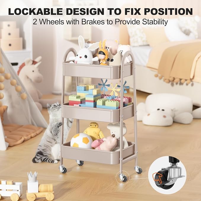 3 Tier Rolling Cart, Large Metal Storage Cart with Handle and Lockable Wheels, Big Multifunctional Storage Organizer Trolley with Mesh Baskets for Kitchen, Living Room, Office, Garage (Beige)