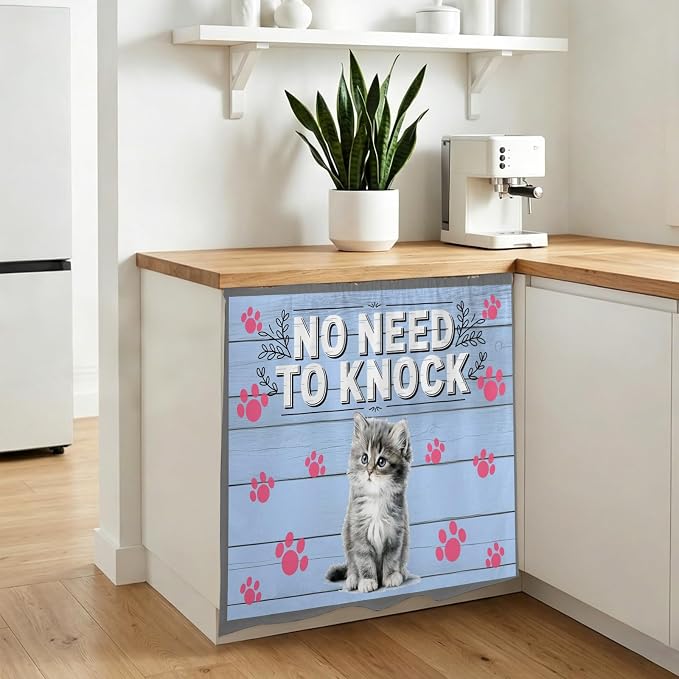 NO Need to Knock Cabinet Dishwasher Hidden Curtains, Privacy Closet Door Curtain, Cat Pet Paw Prints Pet Lover Farmhouse Adhesive Dust Proof Under Sink Skirt for Bathroom Kitchen 35"x35"