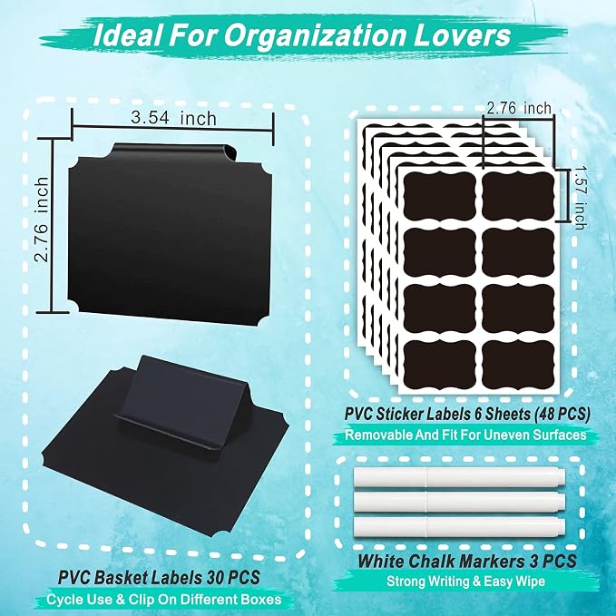 81-Piece Set of Basket Labels Clip On for Storage Bins, Erasable & Reusable | 30 Washable Plastic Kitchen Pantry Labels & 48 Removable Tag Stickers & 3 White Chalk Markers for Organization, Laundry, Jar