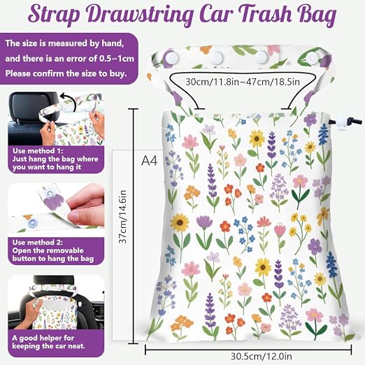 Flower Branches Strap Drawstring Car Trash Bag Hanging Garbage Bag with Snap Buttons Car Back Seat Trash Storage Portable Dustbin Vehicle Trash Can Bag for Vehicle Travel Camping