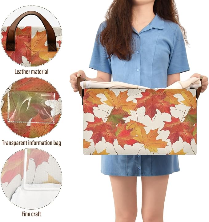 Orange Fall Maple Leaves Beige Storage Bins for Shelves with Labels&Handles Fabric Organizer Bin Foldable Rectangle Storage Basket Boxes for Closet, Bathroom, Home, Living Room