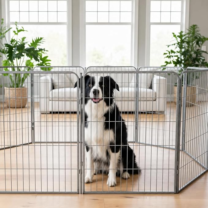 Dog Play Pen for Indoor Use - 40'', 20 Panels for Medium and Large Size Dogs - Portable Grey Playpen Kennel for House or Garage - Metal Heavy Duty Pet Fence with Anti-Slip Feet