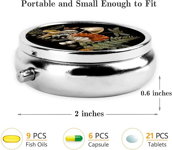 Pill Box, Small Pill Organizer with 3 Compartments and Mirror, Cute Round Portable Travel Metal Pill Case for Pocket or Purse, Privacy-Protecting Medicine Box-Retro Mushroom