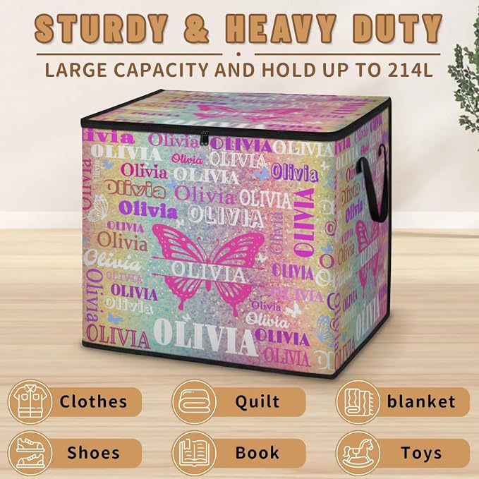 Personalized Extra Storage Bins with Lid, Customized Name Butterfly Storage Basket Rectangle Clothes Organizer for Organizing Kids Toys Shelf Closet, Yellow Pale Turquoise Pink Glittering