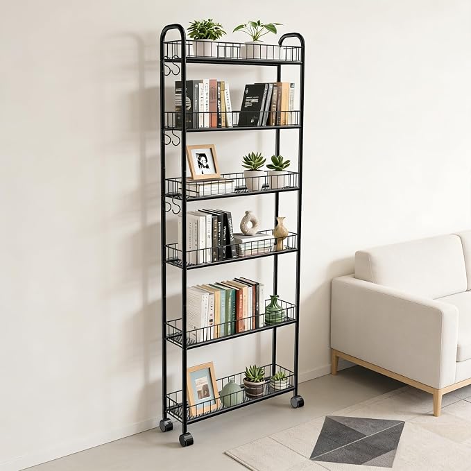 6in 6 Tier Slim Storage Cart with Wheels, Narrow Space Rolling Shelving Unit, Metal Wire Mobile Organizer Rack for Kitchen Bathroom Office Laundry