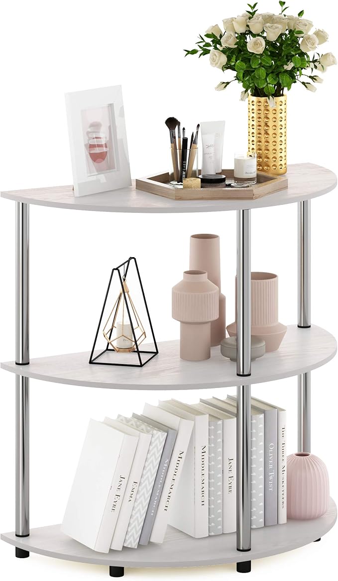 Furinno Frans Turn-N Half Round Console Table with Stainless Steel Tubes, White Oak, 15.6D x 31.1W x 30.8H in | Console Table with Storage Shelf, Narrow Sofa Side, Stainless Steel Tubes, for Living Room, Home Office, Entryway