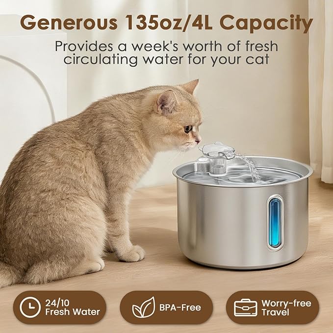 Stainless Steel Cat Water Fountain, 135oz/4L Automatic Pet Water Dispenser with 3 Filters & 2 Water Outlets, Quiet Indoor Drinking Fountain for Cats Small Dogs, Water Level Window