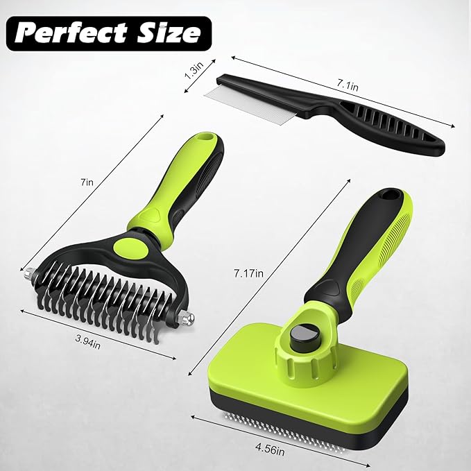 3PCS Self Cleaning Slicker Brush & Pet Grooming Rake & Flea Comb for Dogs,Cats and Horses | Double-Sided Dematting Comb & Skin Friendly Deshedding Grooming Tool (Green)