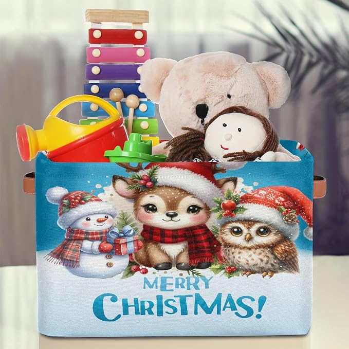 Pardick Christmas Reindeer Snowman Basket Storage Bins Large Fabric Toys Storage Cube Box with Handles Collapsible Closet Shelf Cloth Organizer Basket for Nursery Bedroom Bathroom Holiday Gift