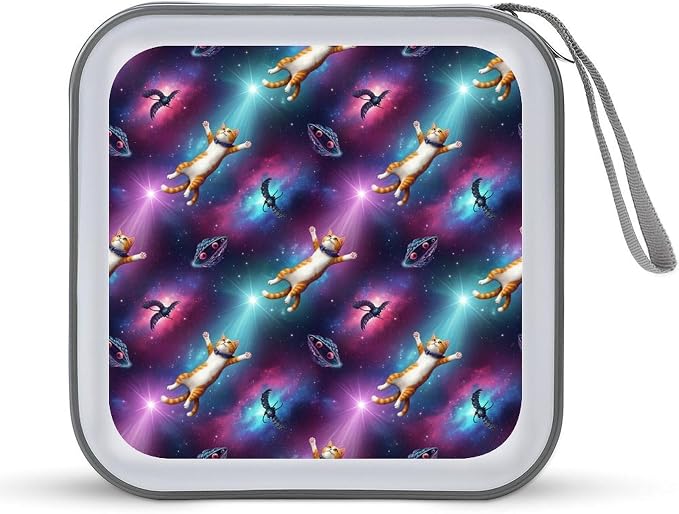 Hard Plastic Protective CD Case Funny Space Cat, 40-Disc Capacity Storage Binder with Zipper, Portable Organizer for Home Office