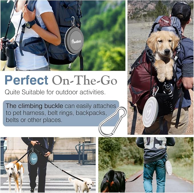 Pawaboo Collapsible Travel Dog Bowls 2 Pack with Lids&Carabiners Silicone | Feeding Watering Bowls for Dogs Cats, Collapsable Water Feeder Food Bowl for Walking Traveling Home Use, Blue + Grey