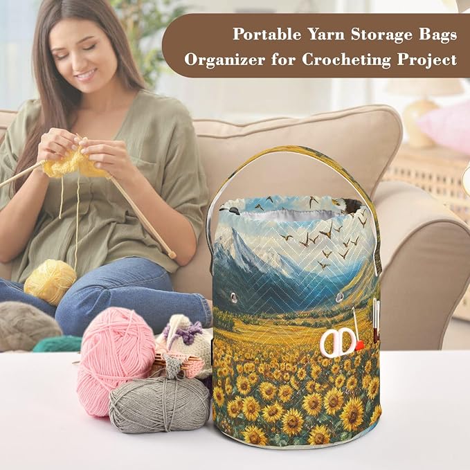 Tatenale Crochet Bag Yarn Bag Knitting Project Bag with Pockets and Handle Portable Yarn Storage Organizer Tangle Free 8.3x11 InchSunflowers Eagles and Mountain40