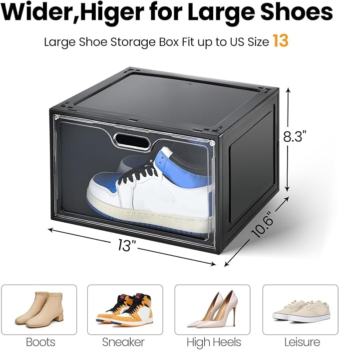 8 Pack Drop Side Shoe Boxes, Large Stackable Shoe Storage, Thick Plastic | Sneaker Storage with Magnetic Door, Shoe Organizer for Closet, Sturdy Shoe Containers, Sneaker display Case Fit up to Size 13