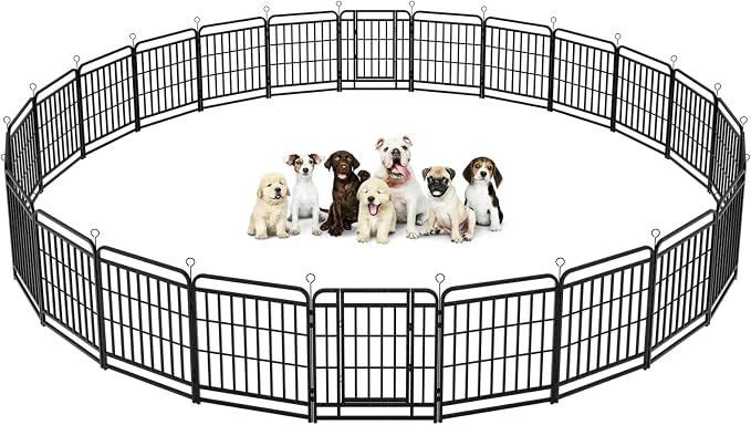Kfvigoho Heavy Duty Dog Fence Outdoor 24 Steel Panels 32" Height | Square Steel Pipe with Reinforced Crossbars, 54FT 227 Sq.ft Portable Dog Fence Outdoor for Yard & RV Camping, Snowy Black