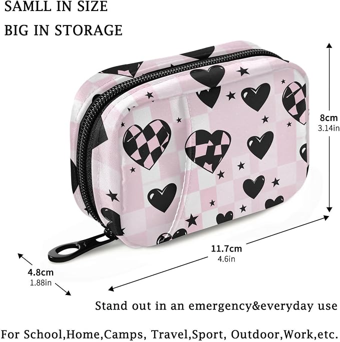 Fustylead Cute Pink and Black Heart with Checkered Design Travel Pill Organizer Bag with Zipper Small Pill Box 7 Day Pill Case for Purse Storage Weekly Vitamin Medicine Supplement