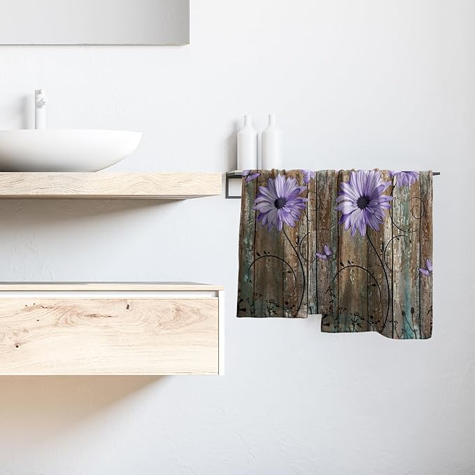 Giwawa Rustic Barn Sunflower Wooden Hand Towel 15x30 Set of 2, Fall Purple Daisy Flower Plank Fingertip Towel Retro Board Face Towel Country Barnwood Washcloth for Bathroom Farmhouse Log Cabin
