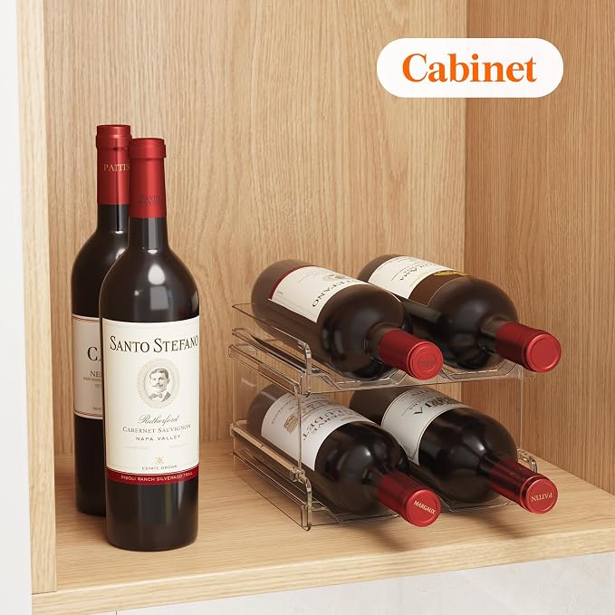 Lifewit Stackable Wine Rack for Cabinet, Plastic Refrigerator Wine Holder | Clear Water Bottle Storage Rack for Fridge Shelf, Tumbler Cup Organizer Holds 12 Bottles for Countertop, Kitchen Organization