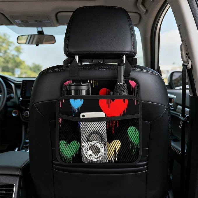 Travel Organizer Pouch for Car Backseat Hanging Storage Pocket, Colorful | Love Heart Graffiti, Auto Trash Can with Adjustable Strap Interior Accessories, Universal Fit Front Back Headrest