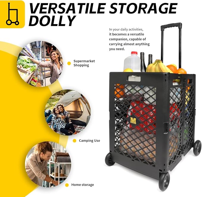 MaxWorks Foldable Rolling Utility Cart, Collapsible Hand Dolly with Telescoping Handle, 70 lbs Capacity, Lightweight Plastic Storage Crate, 16.5" x 15" x 39", No Assembly Needed