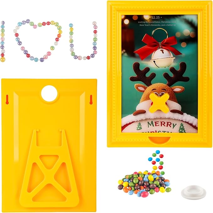 Candy Dispenser Picture Frame, Wall-Mount & Tabletop Gumball Machine with Multiple Designs for Candy, Nuts, Treats, Interactive Home and Office Decor (Deer & Bell, Yellow)