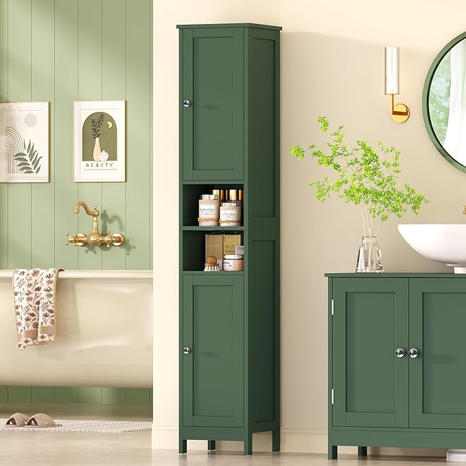 TEENFON 67" Tall Bathroom Cabinet with Adjustable Shelves and Doors, Narrow Bathroom Storage Cabinet for Small Space, Living Room, Entryway, Kitchen, Green