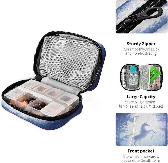 Fairy Unicorn Pill Box 7 Day Pill Case Travel Pill Organizer Bag with Zipper Portable Weekly Case Compact Size for Vitamin Supplement Holder