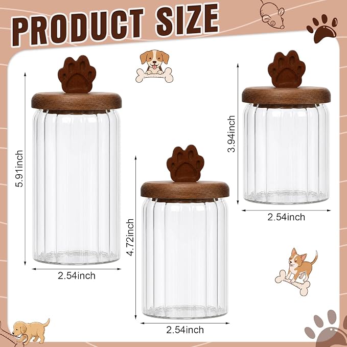 3 Pcs Glass Dog Treat Container, Dog Cookie Jar with Wooden Lid | 3 Sizes, Airtight Pet Treat Storage Container, for Kitchen Counter, Treats Canister, Doggie Cookie, Pets, Stripe Paw