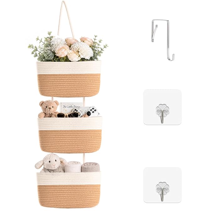 ICERZCZ Hanging Baskets for Organizing 3-Tier Wall Basket Khaki & Off White | Over the Door Decorative Storage Organizer, Nursery Decor Organization, Baskets for Entryway Playroom Bathroom Closet