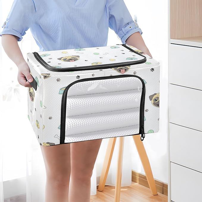 Pet Dog White pattern Under Bed Storage Containers with Double Zipper Openings, Foldable Clothes Storage Bins with Clear Window and Handles for Comforters Bedding Blankets