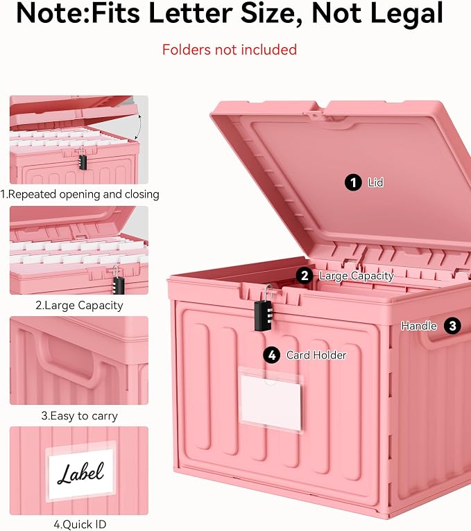 Oterri Lockable Plastic File Box with Lid for Letter-Size | Hanging File Folders Not Included. Pink, Large 1-Pack. Home, Office, Classroom, Dorm, Tax, Under Bed, Filing Cabinet.