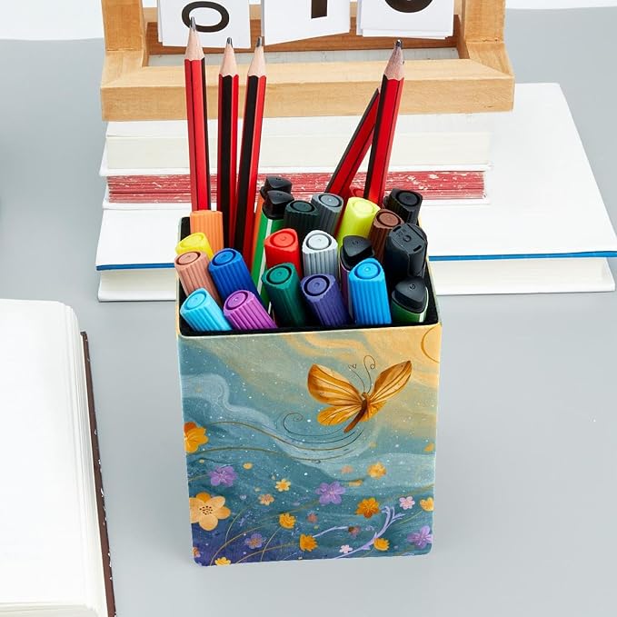 Butterfly Pen Holder for Desk Decor, Rectangular PVC Leather Pencil Cup for Desk Pen Organizer, Makeup Brush Holder for School, Home, Office