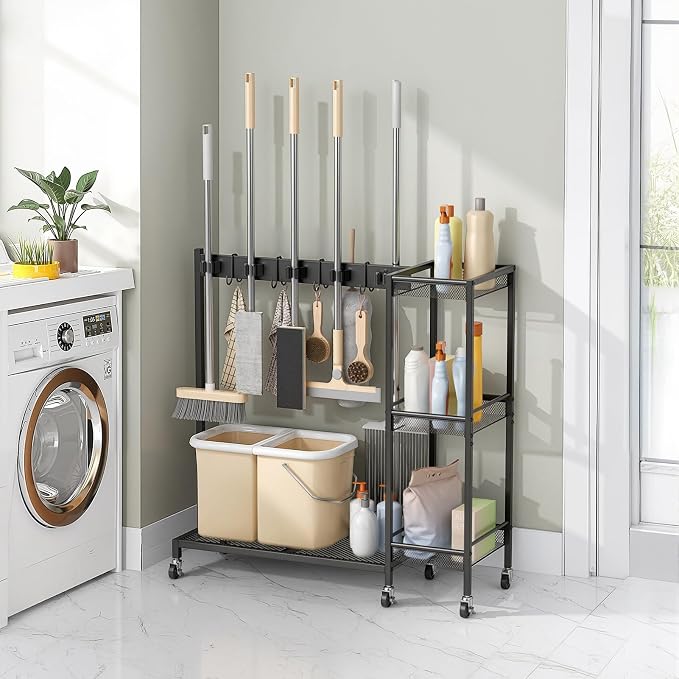 Cleaning Carts on Wheels, Rolling Broom Holder & Cleaning Supplies Organizer with 3-Tier Storage Shelf, Space Saving Janitorial Housekeeping Rack with Hanger for Home & Commercial Use Black