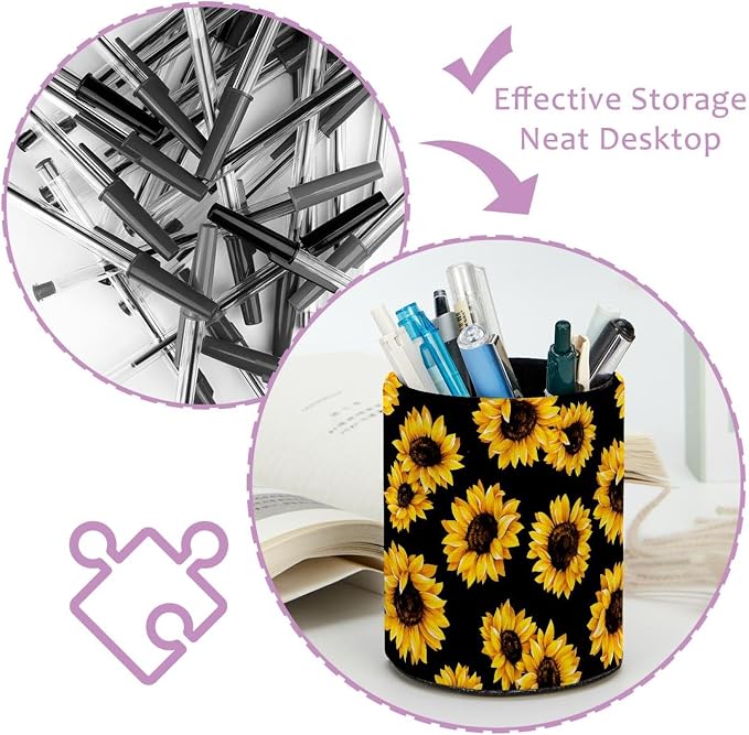 Pen Holder Pencil Holder for desk, Round Desktop Organizer Sunflower Black Pattern Pencil Cup for Office, School, Home and Stationary Supplies