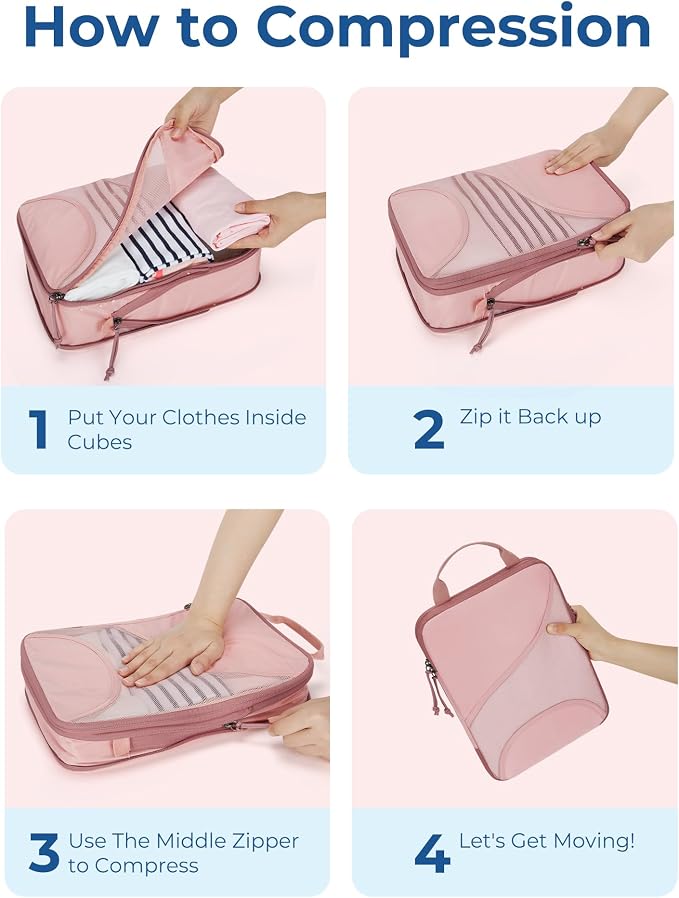 Bagsmart Compression Packing Cubes, Travel Bag Cruise Ship Essentials | Lightweight, Compressible Suitcase Organizer Set fit Standard Carry-On & Checked Luggage, 6 Set, 14 Set Washable Packing Bags