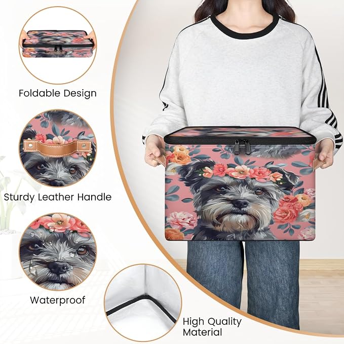 Cute Dogs Floral Storage Box with Zipper Lid