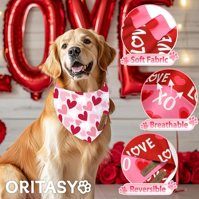 Valentines Day Dog Bandanas, 2-Pack Triangle Reversible Valentine Pet Scarves, Premium Fabric, Bandana for All Boys Girls Dogs (XL, Style 1)