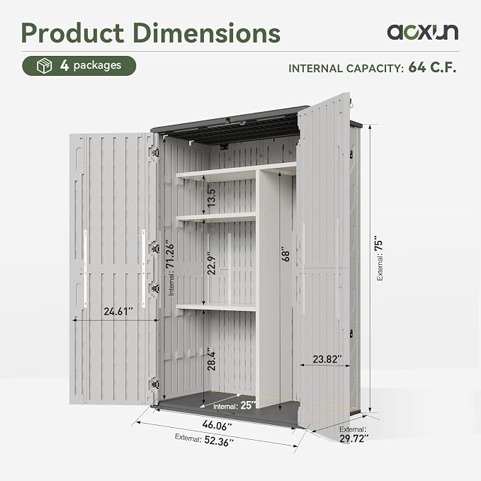 Aoxun 64 Cu.Ft Resin Storage Shed with Metal Shelving Kit & Floor, White | Vertical Waterproof Storage Cabinet for Garage, Pool, Bike, Garden Tools, Patio Furniture