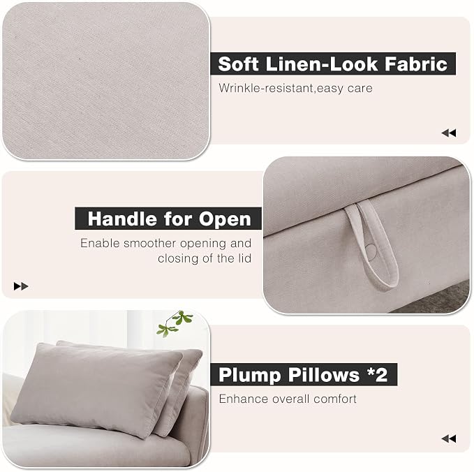 End of Bed Storage Bench Queen Size,51" Upholstered Bedroom Bench,Khaki | Linen Storage Bench for Bedroom End of Bed ,2 Cushion, Vintage Wood Legs ,Tufted,Storage Ottoman Bench for Entryway Window