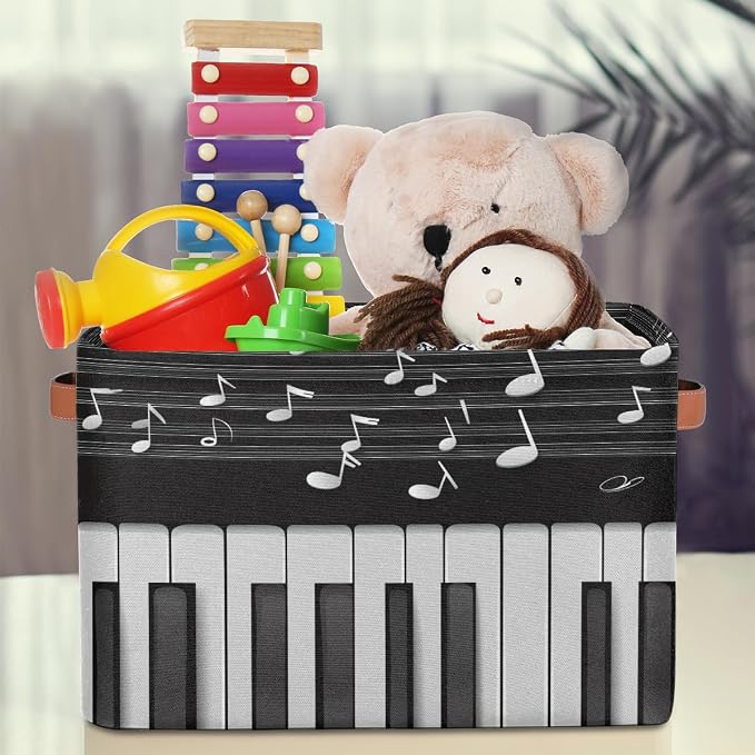 SEULIFE Abstract Piano Music Note Foldable Storage Basket, Large Collapsible Organizer Storage Bin Cube Toys Storage Boxes with Handles for Bathroom Kids Nursery Closet Storage, 1 Pack