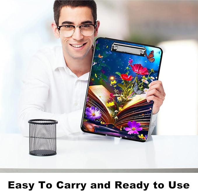 Book Flower A4 Clipboard with Storage Pen Holder, Clipboards Organizer Nursing Clipboard Foldable File Folder Plastic Clipboard Folio Clip Board for Office Students Classroom Doctor